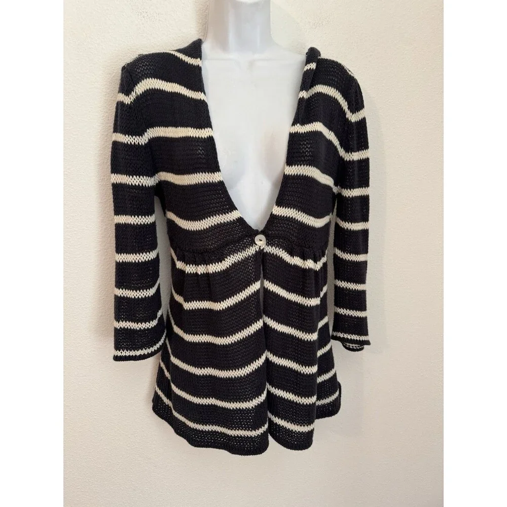 Wooden Ships Paola Buendia Striped Hooded Cardigan Sweater M Blue Coastal Peplum